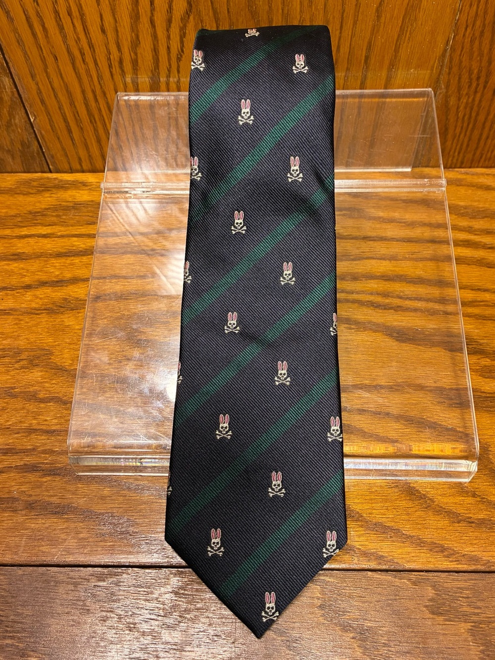 NWT Psycho Bunny Silk Embroidered Logo Stripe Tie USA Handmade Navy Green 3.5”
